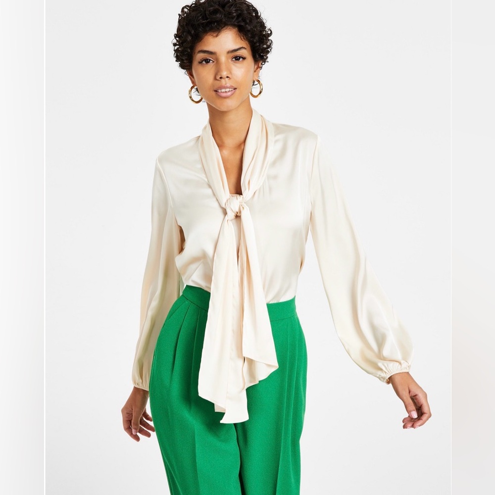 BarIII Cream Satin Tie-Neck Blouse - Women's Top.R13